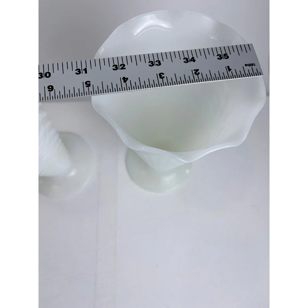 Vintage Fenton White Milk Glass Hobnail Trumpet Vases Ruffled Rim Pedestal Pair